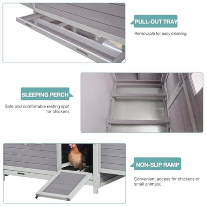 Outdoor Chicken Coop with 2 Large Nesting Boxes, Wooden Hen House Poultry Cage with Waterproof Roof, Leakproof Pull Out Tray,Rabbit Hutch Duck Cage - color: Grey, size: 67.3"L x 36.8"W x 40.6"H
