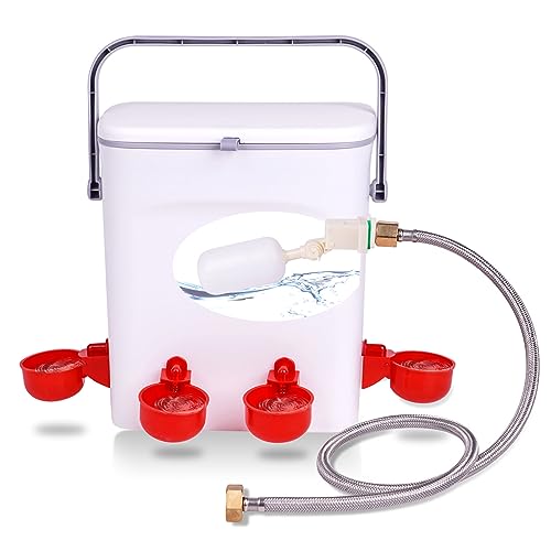 Automatic Chicken Waterer with Float Valve Kit Hose Attachment and 4 Poultry Water Cups, Duck Chicken Water Feeder Poultry Waterer (2 Gallons)