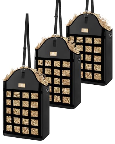 Hay Bags for Horses,4 Packs Slow Feed Hay Bags for Goats,Sheep,Donkey,600D Reinforced Oxford Hay Feed Bags with Front Hay Nets Design, Easy to Fill and Hang with Large Opening (3Black) - color: 3Black