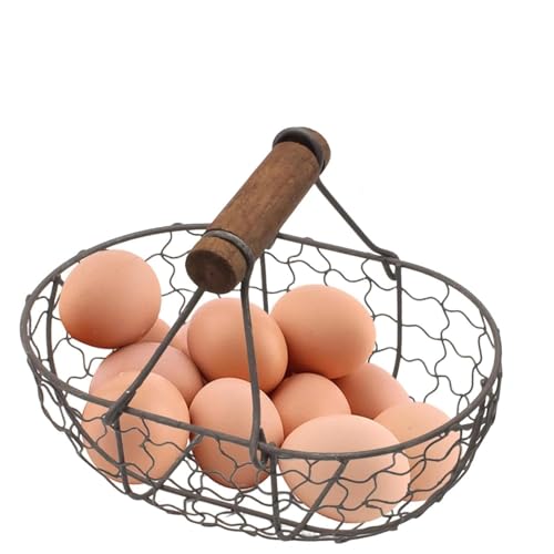 Vintage Metal Wire Basket with Wooden Handles, Rustic Egg Basket, 300g Decorative Storage Organizer for Kitchen, Farmhouse, Pantry (Black) - color: Black