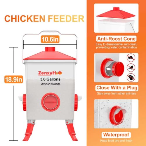 ZenxyHoC Chicken Feeder and Waterer Set with Anti-Roost Cone, 3 Height Adjustable Locking Legs for Backyard Flock