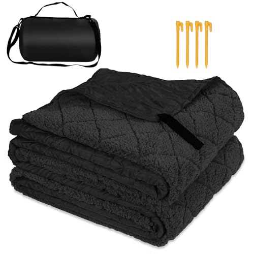 Waterproof Camping Blanket with Sherpa Lining 55”X 82”, Large Outdoor Blankets for Camping for Cold Weather, Windproof Stadium Blanket for Sports, Car, Picnic, Adults, Machine Washable, (Black, 1PCS) - color: Sherpa-black, size: 55"x 82"