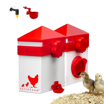 RentACoop 2.5lb Chick2Chicken Medium Sliding Port Feeder and 64 Ounce (2 Liter) Drinker Set – Includes Coop Clip, 2 Versatile Nipples, and Auto-Fill Cup for Waterer