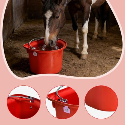 Horse Feeder Livestock Feeding Container Sturdy PP Metal Bucket Ergonomic Handle Portable Suitable for Ranch barn Stable Livestock Feeding, Red - color: Red