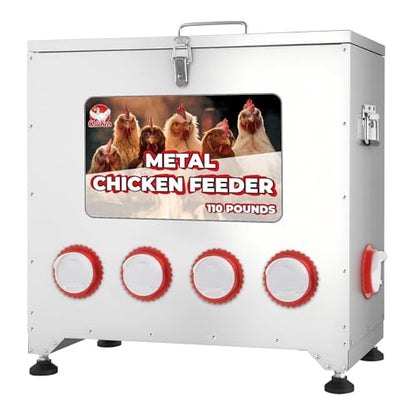 Sidasu 110 lbs Chicken Feeder No Waste-10 Port Large Chicken Feeder with Adjustable Height,Locking Lid,Rainproof-Metal Poultry Feeders for Chickens (Sliver, 23.76 * 22.78 in) - size: 110lbs