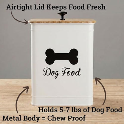 Dog Food Container Airtight Bamboo Lid 5-7 lb, 25 Cups, Sturdy Metal Handle | Pet Jar For Dogs up to 50lbs, Airtight Bamboo Lid, Sturdy Comfortable Metal Handle, Powder Coated Iron, Kibble Storage Bin - color: White