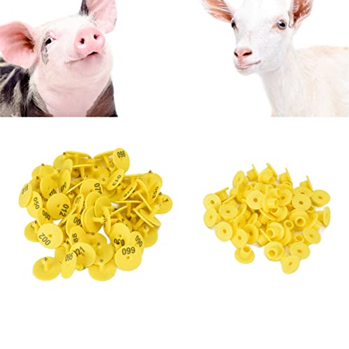 Shanrya Pig Round Ear Tag, Convenient Identification Cattle Numbered Ear Tag with Numbers for Sheeps for Foxes for Pigs(Yellow)