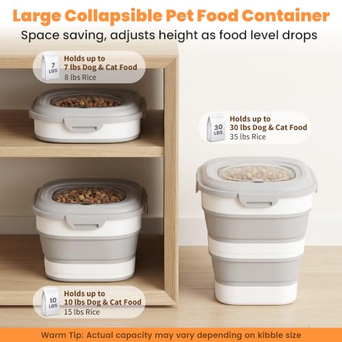30 Lbs Dog Food Storage Container with Wheels, Collapsible Pet Food Storage Container with Clear Window, Measuring Cup & Scoop, BPA Free Cat Food Container for Rice, Flour, Grain, Bird Seed - color: Grey/30lbs