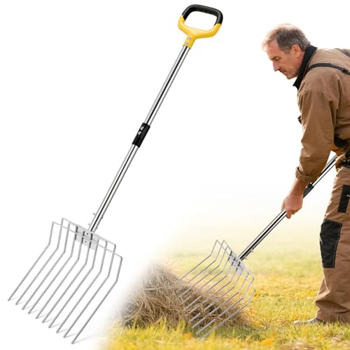 AugFir Pitchfork for Gardening, 50" Multifunctional Stainless Steel Garden Pitchfork with Handle, Suitable for Shoveling, Fertilizing, Transplanting, Mulching Garden Fork - 10 Tines - color: 10-Tines