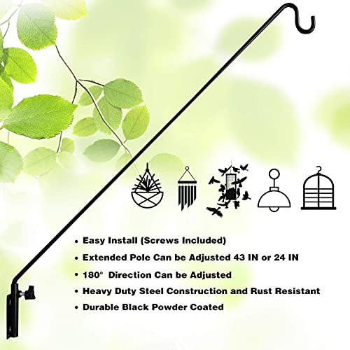 MIXXIDEA Heavy Duty Extended Reach Wall Mounted Deck Hook Wall Pole,Bracket Direction and Length Adjustable Plant Bracket for Bird Feeders, Planters, Suet Baskets, Lanterns, Wind Chimes,Black - size: 43in Long Wall Mounted Hook-1 Pack