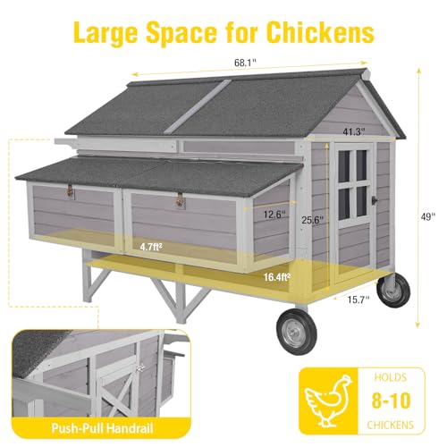 Aivituvin Chicken Coop Mobile Outdoor Hen House with Large Wheels Durable Wooden Poultry Cage with 2 Nesting Box for 3-8 Chickens 68.1’’ (68.11'' × 53.94'' × 49.02'') - size: 68.11"L x 53.94"W x 49.02"H