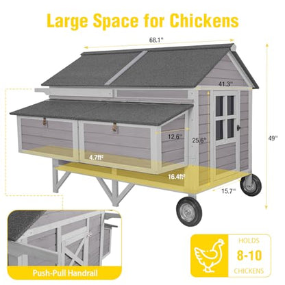 Aivituvin Chicken Coop Mobile Outdoor Hen House with Large Wheels Durable Wooden Poultry Cage with 2 Nesting Box for 3-8 Chickens 68.1’’ (68.11'' × 53.94'' × 49.02'') - size: 68.11"L x 53.94"W x 49.02"H