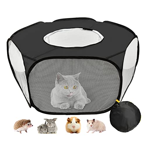 Guinea Pig Playpen, Waterproof Small Animals Playpen with Anti Escape Cover Portable Cat Playpen Breathable Indoor/Outdoor Yard Exercise Cage Tent for Hamster Puppy Chinchillas Rabbits(Black)