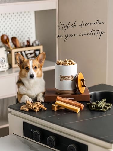 Miamolo Airtight Dog Treat Container, Dog Food Storage Container, Ceramic Dog Treat Jar with Wood Lid and Handle, Pet Treats Canister for Countertop, Farmhouse Gift for Dog Lovers, Bone Glinting White - color: Bone Glinting White