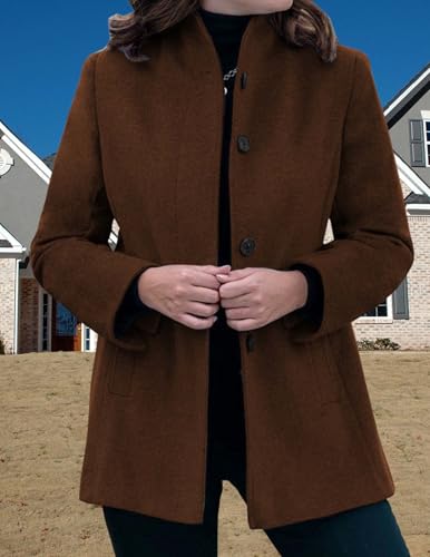 LIZALIG Women's Stand Collar Pea Coat Winter Long Sleeve Wool Blend Short Jackets Single Breasted Blazer Coat Outwear - color: Brown, size: Medium