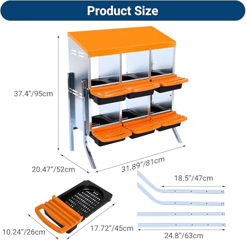 Chicken Nesting Box, 6 Hole 2 Layer Hen Nest Boxes, Roll-Away Egg Collection System with Ventilation Holes，Rustproof Plastic Tray & Keyhole Mounting, Chicken Laying Box - color: Orange, size: 6 holes with legs