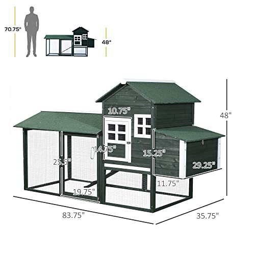 PawHut 84" Wooden Chicken Coop, Hen House Outdoor with Run Nesting Box, Asphalt Roof, Removable Tray, Ramp, Poultry Cage for 2-3 Chickens, Green - color: Green