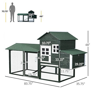 PawHut 84" Wooden Chicken Coop, Hen House Outdoor with Run Nesting Box, Asphalt Roof, Removable Tray, Ramp, Poultry Cage for 2-3 Chickens, Green - color: Green