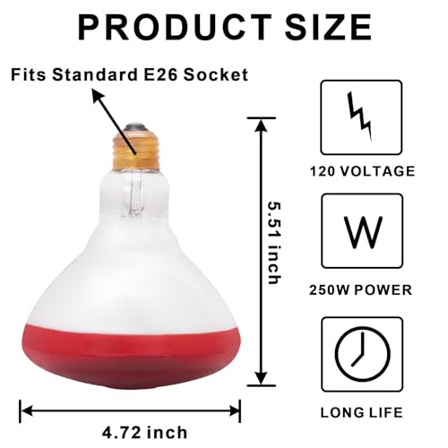 Aiicioo Infrared Heat Lamp Bulb 250W Red Infrared Heat Bulb for Chickens Reptile Heat Light Bulb for Brooder Coop Chicks Pet Reptile Amphibians Par38 Glass E26 Base