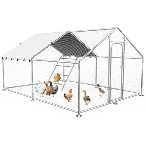 Large Metal Chicken Coop Run with Roosting Perch, 13.2x10x6.4 Outdoor Poultry Cage Pen with Waterproof and UV-Resistant Cover for Chickens Use, Spire Roof - size: 157.4"L x 118.0"W x 78.1"H