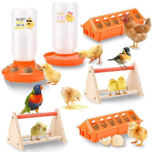 Chicken Feeder and Waterer Set,Automatic 1L Chick Feeder and Waterer with 2 Wooden Perch,Baby Chicks Supplies for Ducks,Quail,Small Poultry Coop Accessories