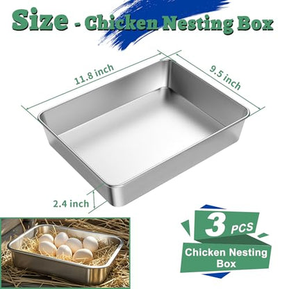 Chicken Nesting Box, 3 Pcs Stainless Steel Chicken Egg Laying Nest Boxes Tray, ChickensNesting Box Pan for Chickens and Poultry to Collect Eggs, Hens, Chickens Coop Box, Easy to Clean