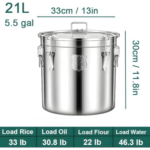 304 Stainless Steel Storage Containers, 21L/5.5Gal Airtight Metal Canisters with Lids, Dog Food Storage Container for Kitchen, Milk, Oil, Soup, Fermentation, Camping - size: Standard 21L/5.5gal