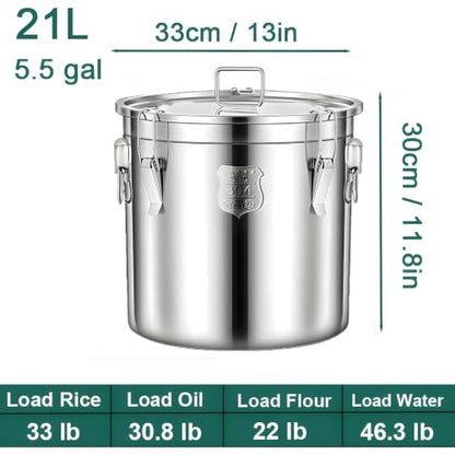 304 Stainless Steel Storage Containers, 21L/5.5Gal Airtight Metal Canisters with Lids, Dog Food Storage Container for Kitchen, Milk, Oil, Soup, Fermentation, Camping - size: Standard 21L/5.5gal
