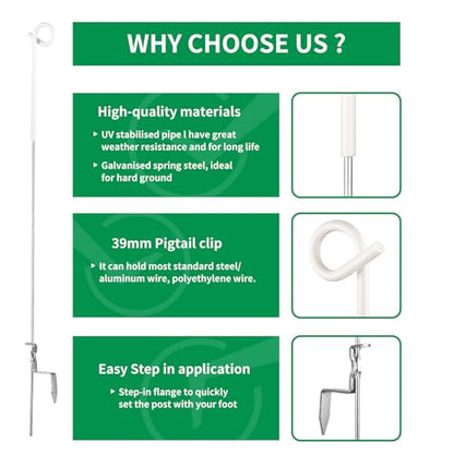 Fence Shock 30 Pack 41 Inches Systems Pig Tail Step-in Fence Post, Portable Stainless Steel Single Rope Poles/Stakes for Electric Fence, Garden, Farm, Flower Beds, Walkways, Fountains - White - color: White