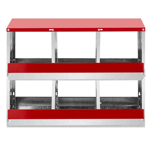 Chicken Nesting Boxes for Laying Eggs, 2-Tier 6 Compartment Roll Out Ducks Poultry Hens Nest Box with Lid Cover, Rolling Egg Collection Protection Chicken Coop for 6 Up to 24 Chickens, Silver and Red