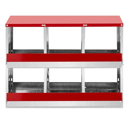 Chicken Nesting Boxes for Laying Eggs, 2-Tier 6 Compartment Roll Out Ducks Poultry Hens Nest Box with Lid Cover, Rolling Egg Collection Protection Chicken Coop for 6 Up to 24 Chickens, Silver and Red
