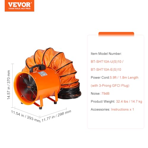 VEVOR Air Mover Blower Fan 10 Inch, 1893CFM 380W with 33ft Flexible Duct, Industrial Portable Ventilator Blower/Exhaust - size: 10in-33ft