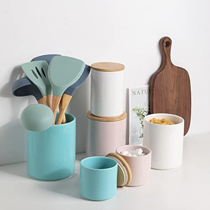 Sweejar Kitchen Canisters Ceramic Food Storage Jar Set, Stackable Containers with Airtight Seal Wooden Lid for Serving Ground Coffee, Tea, Herbs, Grains, Sugar, Salt - Set of 4 (Jade) - color: Jade, style: Set of 4(Classic Style)