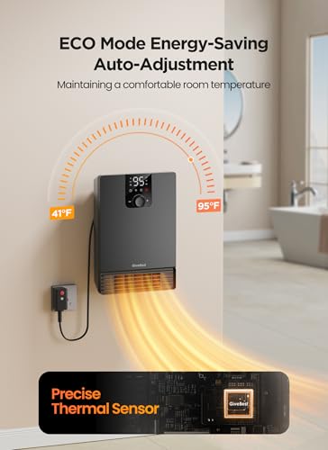 GiveBest Smart Wall Heater, 1500W Fast Heating Electric Space Heater for Indoor Use, 3 Heating Modes, Adjustable Thermostat, 24H Timer, Easy Mounted for Bedroom, Office, Home, Black - color: Matte black