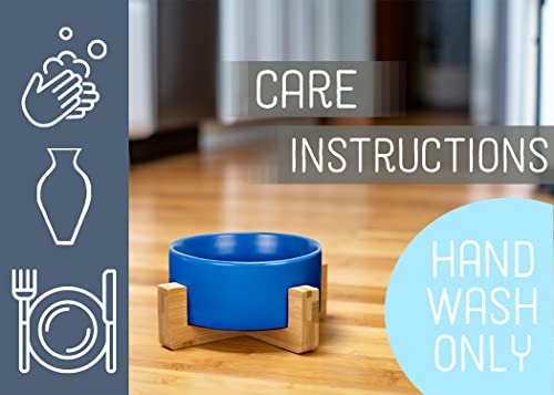 NAT & Jules Small Navy 6 inch Stoneware Ceramic and Wood Pet Bowl with Stand - color: Navy