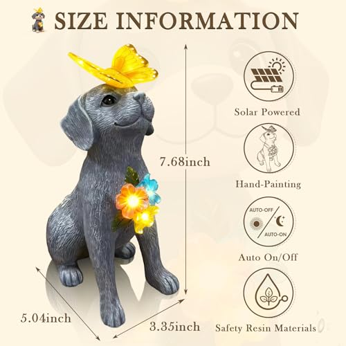 Dog Garden Statue Solar Butterfly, Dogs Figurines with Lantern Outdoor Patio Yard Decor Ideal Birthday Housewarming Gifts ,Dad Mom Grandma Dog Lovers, Beautifully Crafted Decorations to Wow Guests - style: grey dog