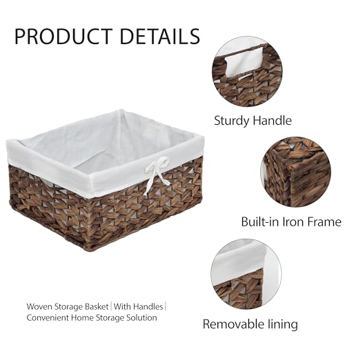 Water Hyacinth Storage Baskets Set of 3 with Metal Frame & Removable Liner, Large Medium Small Rectangular Woven Organizer Bins for Closet, Bedroom, Bathroom, Kitchen, Home Organization - size: Set of 3