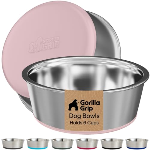 GORILLA GRIP Dog Bowls, Food Grade 304 Stainless Steel, Holds 6 Cups Each (48 fl oz) Food and Water Bowl for Feeding Dogs and Cats, Dishwasher Safe, Rust Resistant, BPA Free Rubber Base Set of 2 Pink - color: Light Pink, size: 6 Cup (48 Oz)