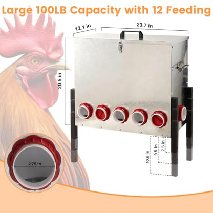 100LB Automatic Chicken Feeder with Cover – Large Capacity Metal Chicken Coop Feeder with 12 Feed Ports, Adjustable Legs Rainproof No Waste Outdoor Poultry Feeder for Hens & Free Range Flocks - size: 100LBS