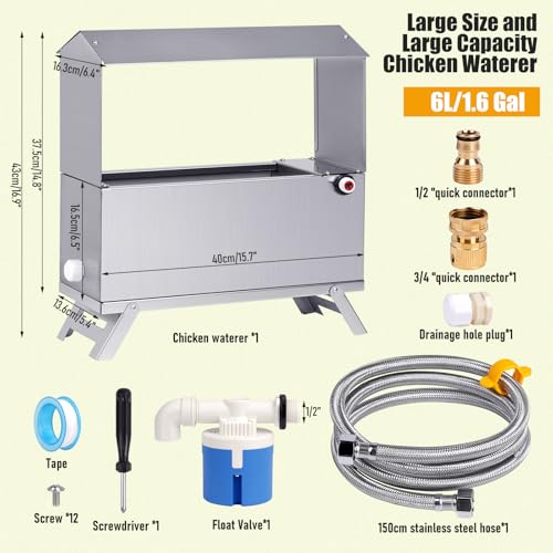 Chicken Waterer 1.5 Gallon Automatic Water Dispenser for Poultry | Chicken Water Feeder with Float Valve Kits | Stainless Steel | With Legs | Anti-Roost Lid | for Ducks, Turkeys, Quail