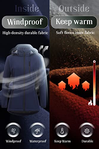 Chrisuno Women's Lightweight Long Softshell Fleece Lined Jacket Anorak Raincoat With Removable Hood - color: Navy, size: 3X-Large