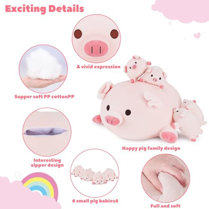 Achwishap 5PCS Pig Family,Pig Stuffed Animal Mommy with 4 Pig Babies Plush,Cute Pig Plush Pillow Cushion Doll,Kawaii Pig Plush Toy Hugging Pillow for Kids Adults Birthday Gifts(16” Pig Family) - color: Pink Pig Family-mommy and Kids