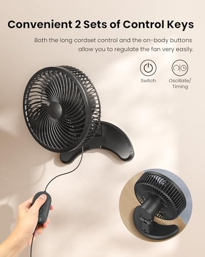 Koonie 8'' Wall Mount Fan, Quiet Small Wall Fan with Timer, 8.2ft Wired Remote, 80° Oscillation, 100° Adjustable, 3 Speeds High Velocity for RV Bedroom Kitchen Office Garage(Adapter Included) - color: Black Fan, size: 8in
