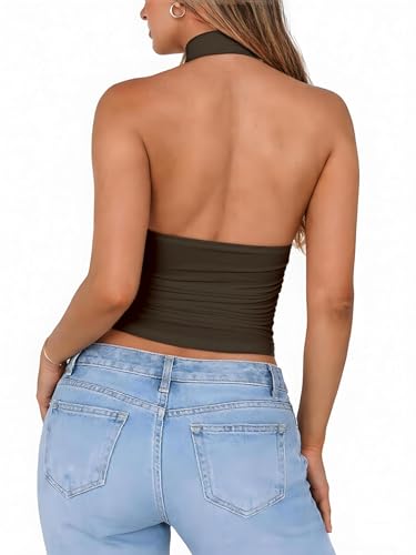 ForeFair Women Sexy Halter Neck Backless Going Out Crop Tank Top Deep V Neck Open Back Sleeveless Slim Fit Y2k Summer Tops - color: Dark Brown, size: Large