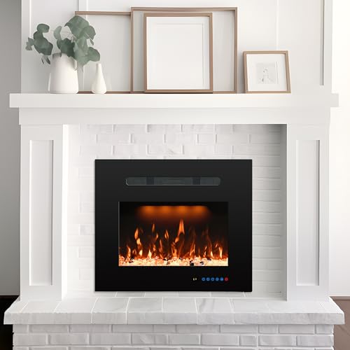 21.14" W Rear Electric Fireplace Inserts with 3 Flame & Top Light, Recessed Fireplace Heater,Thermostat, 750/1500W, Crackling Sound, Logs & Crystals, Timer, No Wall Mount - size: 25"W22"H