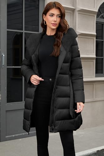 PAPILLON D'OR WEAR YOUR WINGS Women's Long Puffer Coat with Belt, Hood & Furry Lining - Knee-Length Winter Jacket - color: Black, size: Large