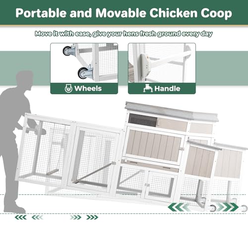 Mobile Chicken Coop with Wheels, Weatherproof Large Hen House Chicken Tractor with Nesting Box, Roosting Bars, Pull-Out Tray, Asphalt Roof & Fun Swing for Chickens Quails, Backyard Use