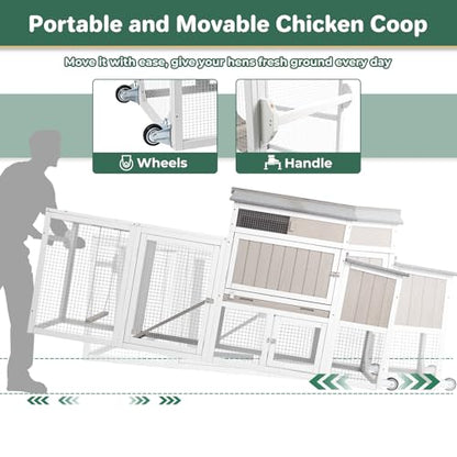Mobile Chicken Coop with Wheels, Weatherproof Large Hen House Chicken Tractor with Nesting Box, Roosting Bars, Pull-Out Tray, Asphalt Roof & Fun Swing for Chickens Quails, Backyard Use