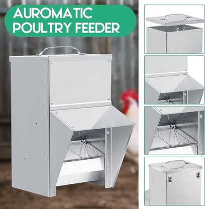 Uiifan 2 Pcs 50 lb Galvanized Chicken Feeder Weatherproof Poultry Metal Food Dispenser with Lid Chicken Duck Food Dispenser Rat Proof Feeder for Poultry Geese Quails Bantams Ducks and Turkey - size: 50 lb