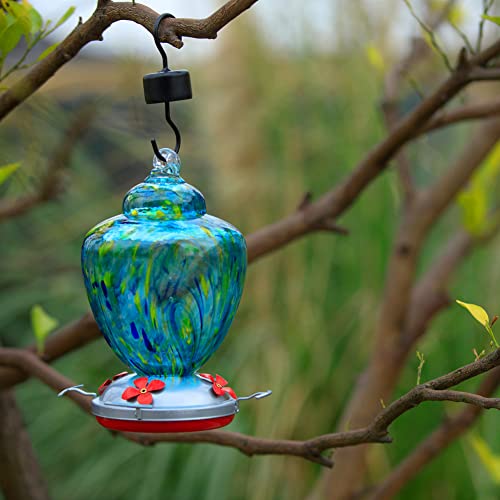 REZIPO Hummingbird Feeder with Perch - Hand Blown Glass - Light Green - 38 Fluid Ounces Hummingbird Nectar Capacity Include Hanging Wires and Moat Hook - color: Light Green